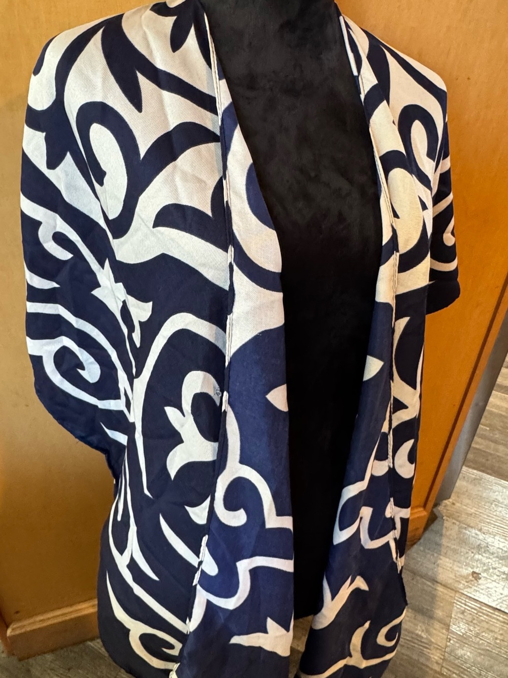 Jessica Navy and White Open-Front Patterned Cardigan